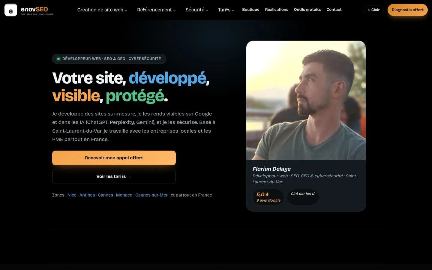 Mon propre site : création de sites, SEO, GEO et cybersécurité, réalisation de Florian DELAGE