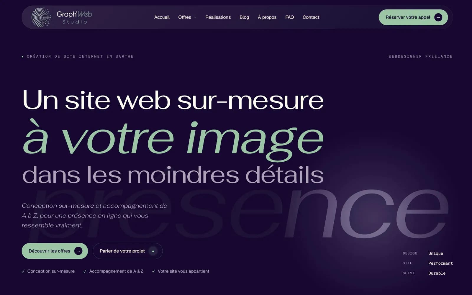 Création complète d’une identité visuelle, d’un site vitrine et d’un blog WordPress sur-mesure en Full Site Editing, réalisation de Alexandra DUBOIS