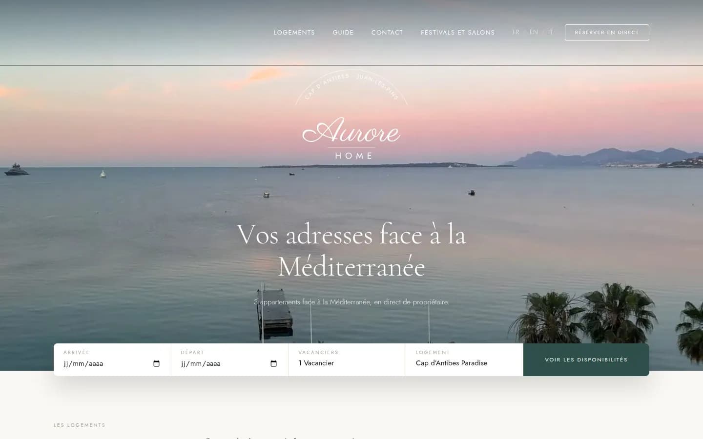 Site et réservation en direct pour trois appartements vue mer à Antibes, réalisation de Florian DELAGE